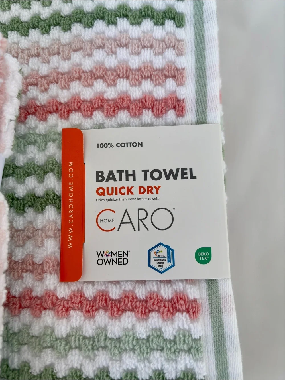 NWT 4Pc Caro Retro Boho Bath & Hand Towel Set Sage Green Blush Pink Quick Dry